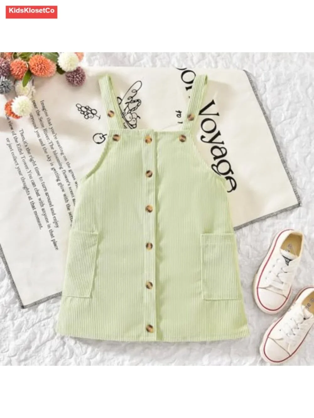 Corduroy Button Down Overall Dress Set with Ruffle Sleeve Tee